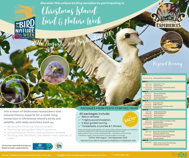 Our Bird & Nature Week 2025 packages have taken flight! Join us for an amazing week immersing in the unique natural environment on Christmas Island. Learn how the ecology supports our endemic birdlife, as well as our well-known crabs. Places are filling fast! Contact Lisa at lisa@indianoceanexperiences.com.au for further details. Or visit https://www.indianoceanexperiences.com.au/packages/bird-and-nature-week/
#christmasisland #seeaustralia #ausgeo